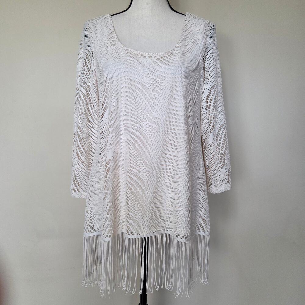 Melissa Paige L Crochet 3/4 Sleeve Lined Fringed Hem Pullover Tunic Top Cream